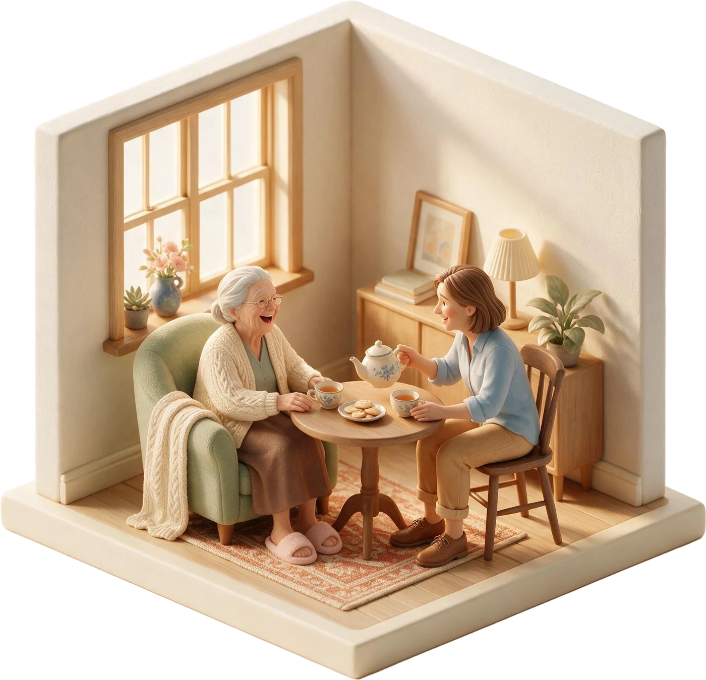 Illustration: Eine Betreuungskraft und die Seniorin, die sie betreut, sitzen im Wohnzimmer bei Tee und Gebäck zusammen und lachen
